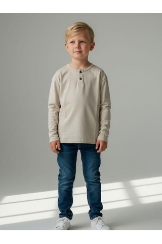 Zekids Erkek Çocuk Düğmeli Pamuklu İnce Uzun Kollu T-shirt-16778 Bej