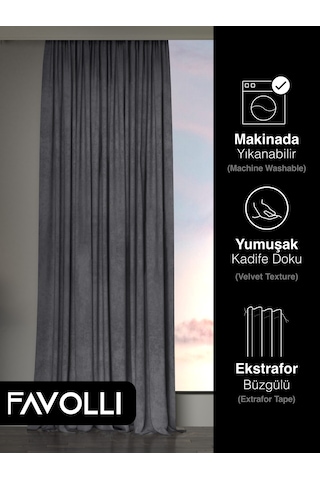 Br Favolli Kadife Dokulu Gri Ada Fon Perde Ekstrafor Büzgülü Dream Series Gri