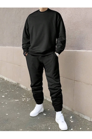 Erkek Düz Eşofman Takımı Sweatshirt Jogger - Siyah Oversize Şardonlu Bisiklet Yaka Siyah