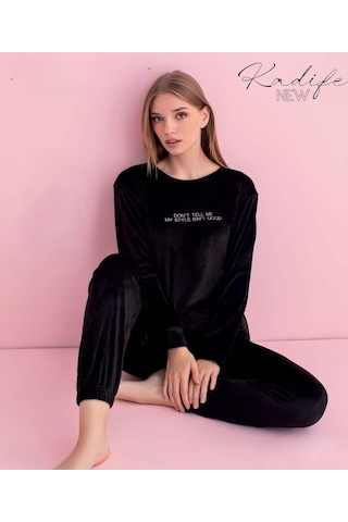 Pijamerry Kadın Kışlık Bisiklet Yaka Kadife Pijama Takımı 3050s - 1 Adet Siyah