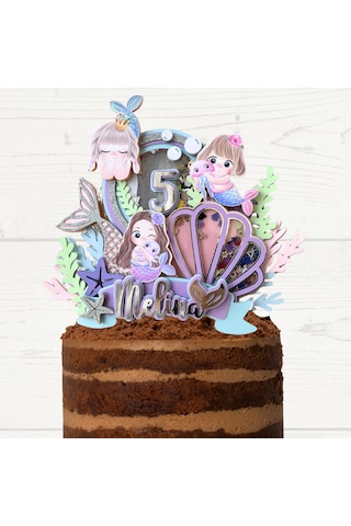 Deniz Kızı Temalı Kız Çocuk Doğum Günü İsme Özel 3d Pasta Süsü Cake Topper Çocuk