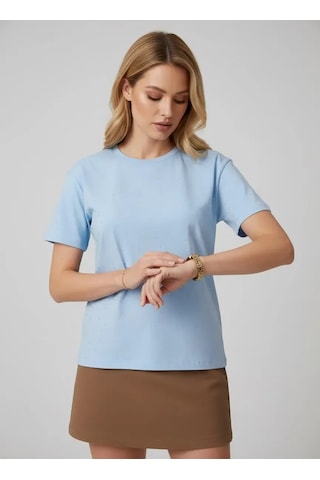 Park Karon 26047 Pamuk Kadın Bisiklet Yaka Taş İşleme Oversize Penye Bluz Bebe Mavi