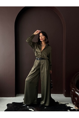 Verymoda Yüksek Bel Bol Paça Saten Pantolon Şık Ve Rahat Tasarım F2052 Haki