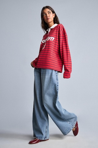 Defacto Oversize Polo Yaka Çizgili Baskılı Kalın Kumaş Sweatshirt H5841ax26wnrd227 Kırmızı-rd227
