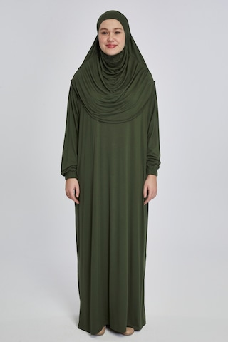 Pratik Başörtülü Rahat Giyilebilen Organik Tek Parça Namaz Elbisesi Haki