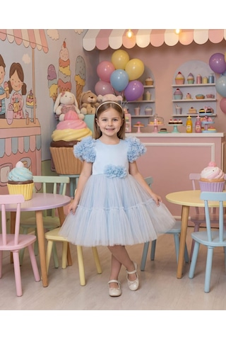 Miss Liva Kız Çocuk Çiçek Detaylı Kat Kat Tül Abiye Elbise Bebe Mavi 2-6 Yaş Bebe Mavi