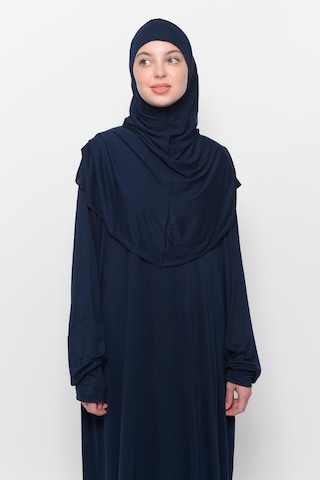 Pratik Tek Parça Pamuklu Yarasa Kollu Tak Çıkar Başörtülü Tesettür Namaz Elbisesi Koyu Lacivert Çok Renkli
