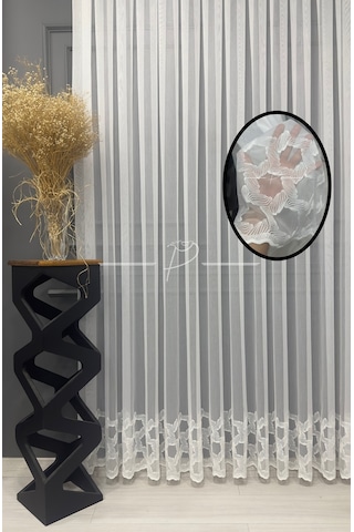 Tül Perde Etek İşleme Hexagon Desen 127565 Ekru