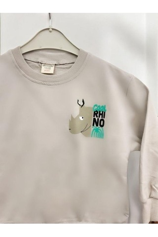 Zekids Erkek Çocuk Cool Rhino Baskılı Pamuklu Sweatshirt-14202 Taş