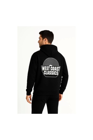 Erkek Üç İplik Kapüşonlu Ön Ve Arka Baskılı Sweatshirt Hoodie - Siyah Siyah