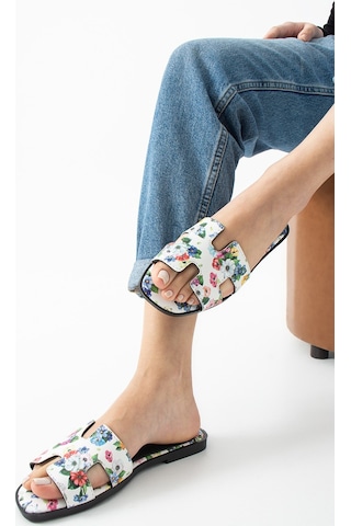 Dabab Shoes Florısa Kadın Çiçek Desenli H Bantlı Beyaz Düz Taban Yazlık Terlik