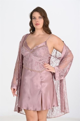 Büyük Beden 2li Vizon Sabahlık Takımı Bigsize 6205 Vizon