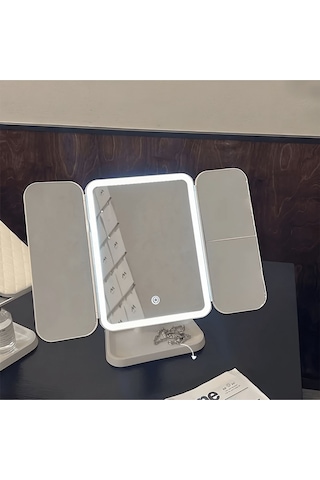 Katlanır Kapaklı 3 Ton Dokunmatik Led Işıklı Usb Şarjlı Taşınabilir Makyaj Aynası Beyaz