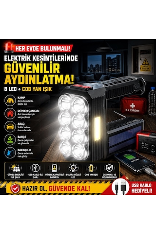 Güneş Enerjili Kamp Lambası 8'li Ultra Güçlü Led Yan Işık Usb Solar Kamp Balıkçılık Acil Durum Fener Siyah