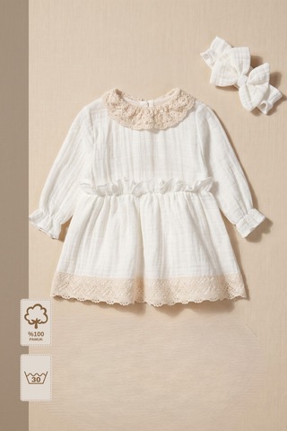 Minory Baby - %100 Pamuk Müslin Dantel Detaylı Elbise & Saç Bandı Seti Bej Bej