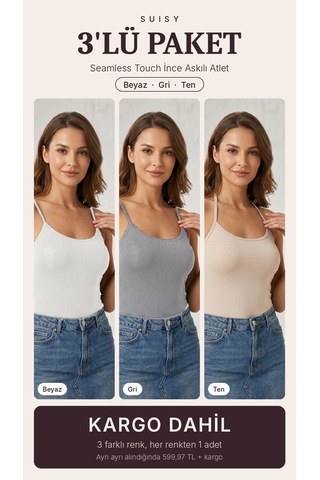 Suısy Seamless Touch İnce Askılı Atlet 3'lü Paket Gri - Siyah - Ten Çok Renkli