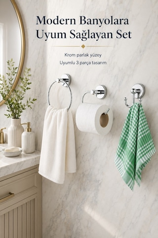 Alper Banyo Krom 3'Lü Banyo Seti, Yuvarlak Havluluk, Kağıtlık Ve Bornoz Askısı