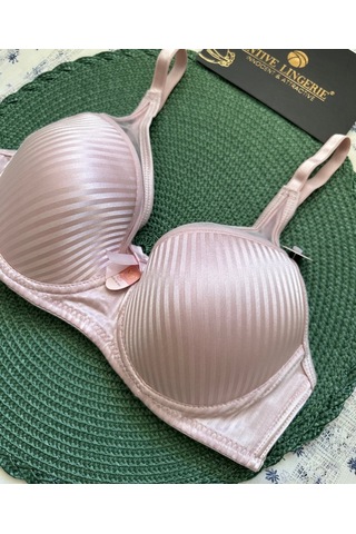 Evelyn Parlak Saten Çizgi Detaylı C Cup Balenli Desteksiz Önü Tül Pembe
