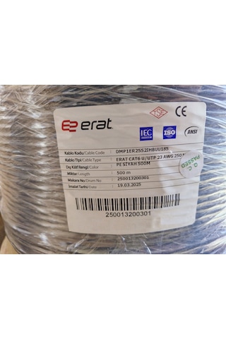 Erat Dmp1er2552ıhbuu185 Cat6 U/utp 23awg 250 Mhz Pe Outdoor Dış Ortam 500 Metre Full Bakır Cat6 Kablo Siyah