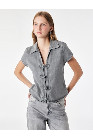 Koton Rahat Kalıp Kısa Kollu Napolyon Kapama Detaylı Denim Bluz Gri 7wal30009md