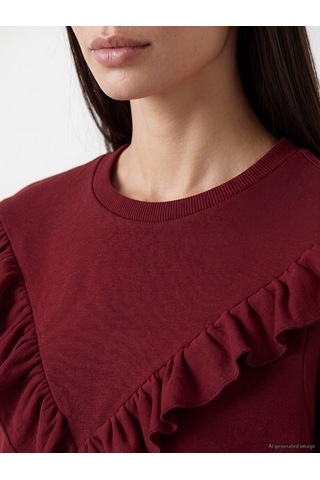 LC Waikiki Lc Waıkıkı Bordo Bisiklet Yaka Fırfırlı Kadın Sweatshirt Tunik