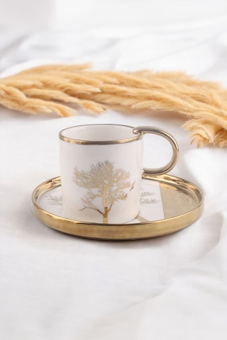Violet 6 Kişilik Hayat Ağacı Desenli Gold Yaldızlı Porselen Kahve Fincan Takımı Beyaz