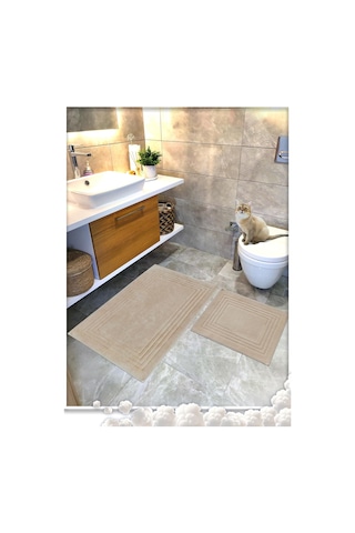 Cottoncrafty %100 Pamuk Dokuma Su Emici Banyo Paspas Seti, Banyo Halısı Vera 2 Li Set 60x100-60x50 Bej Diğer