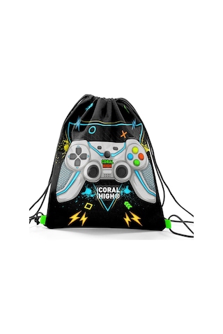 Coral High Kids Siyah Fosforlu Yeşil Gamer Desenli İpli Büzgülü Sırt Çantası 12655