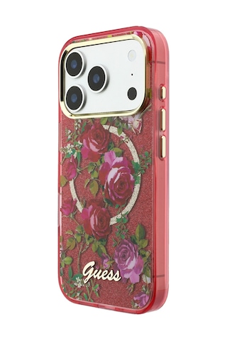 Apple iPhone Uyumlu 18 Pro Kılıf Guess Lisanslı M-safe Şarj Özellikli Gül Desenli Simli Yazı Logolu Kapak Bordo