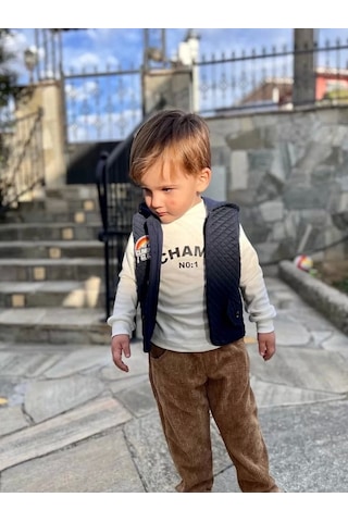 3-4-5 Yaş Fitilli Kadife Pantolon Kapitone Kapşonlu Yelek Uzun Kollu Sweat 3lü Erkek Çocuk Takımı La Lacivert