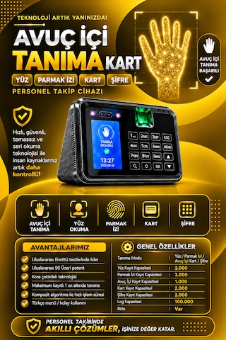 Avuç Okuma-yüz Okuma-parmak İzi Okuma Ve Kartlı Personel Kontrol Cihazı -giriş-çıkış Yazılımı Ve 15 Kart Hediye