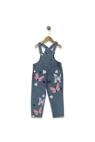 Bilge Trend Kız Çocuk 3/7 Yaş Kelebek Baskılı Kot Denim Salopet Tulum Kot Mavi