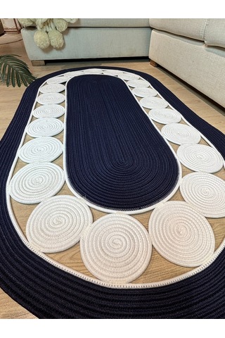 Cookie Jüt Hasırlı El Örgüsü Kilim Lacivert - Beyaz