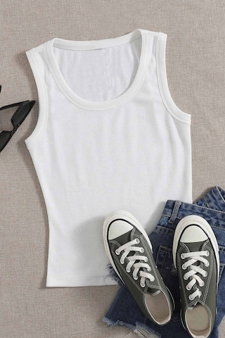 Merry See Düz Renk Kadın Kolsuz Bluz Crop Top Beyaz