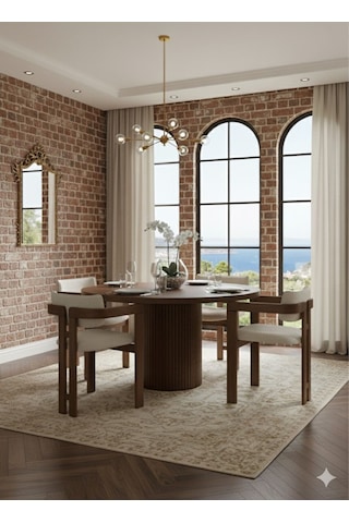 Verona Doğal Ahşap Yuvarlak Yemek Masası Takımı 4 Kişilik Modern Scandinavian Stil Ceviz Beyaz