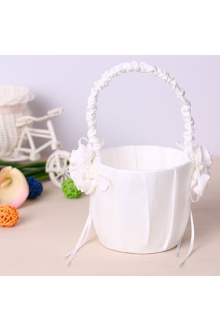 Suofeng Düğün İçin Beyaz Saten Çiçek Sepeti - Gelinik/gelin Çocuğu Taşınabilir Saçma Sepeti - 3 Saten Çiçekli Dekoratif Tasarım Ymhl-047