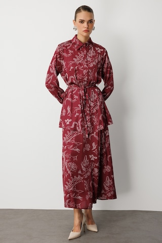Mizalle Bordo Desenli Evaze Uzun Saten Etek Bordo