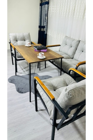 Madame Home Kadife Balkon, Bahçe,teras,cafe - Salon - Metal Kanepe Koltuk Takımı - 2+1+1 + Masa Açık Gri