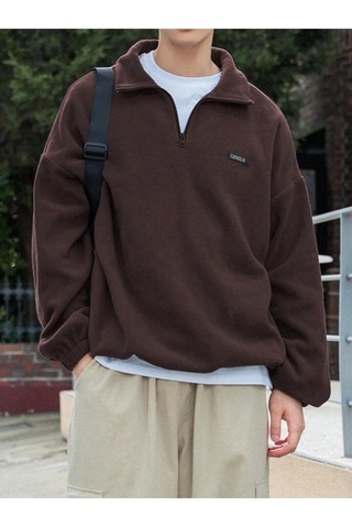 Genıus Store Erkek Polar Oversize Sweatshirt Polar Sweatshirt Kahverengi