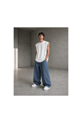 Thiff Erkek Oversize Kolsuz T-shirt Tişört Atlet Beyaz