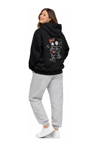 Nevermınd Robot Baskılı Sevgili Kombini Oversize Hoodie Seti Kadın Erkek Unisex Siyah Siyah