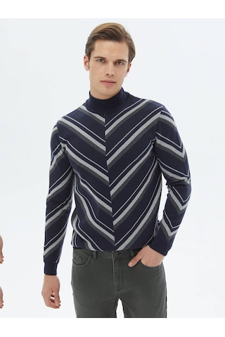 Kip Lacivert Yarım Balıkçı Yaka Desenli Pamuk Karışımlı Triko Çok Renkli