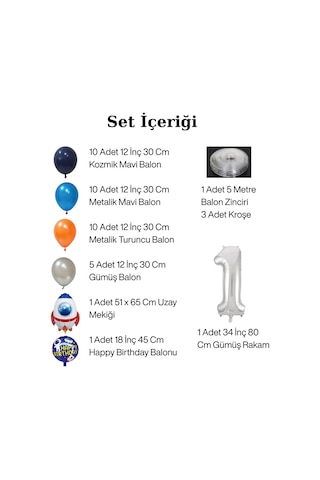 2 Yaş Uzay Temalı Doğum Günü Seti Uzay Mekiği Happy Birthday Yazı Renkli Balonlar Gümüş Folyo Rakam Çok Renkli