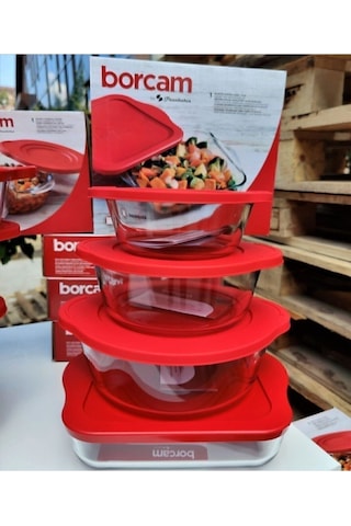 Paşabahçe Kırmızı Kapaklı Borcam Seti 4'lü Kare Ve Yuvarlak Borcam 59034 - 59001 - 59123 - 59133