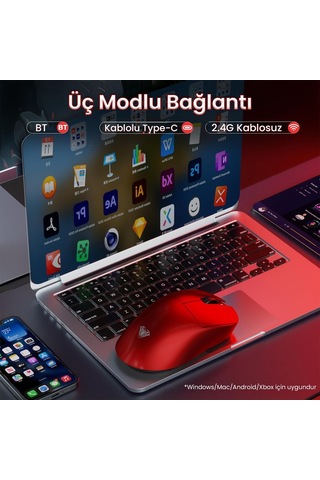 Aula Sc900 Max Paw3395 Sensör 30000 Dpı 8000hz Kablolu Ve Kablosuz Gaming Oyuncu Mouse Kırmızı Sc900-mxrd