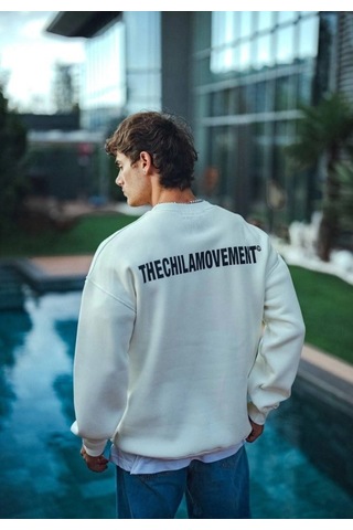 Modi Kışlık Bisiklet Yaka Oversize Baskılı Sweatshirt - Beyaz Açık Kahverengi - Beyaz