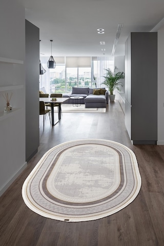Trend Tr003s Oval Bej Akrilik Pamuk Modern Yumuşak Mutfak Yatak Odası Salon Oturma Odası Halısı-1080 Gri - Gold