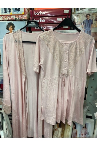 Nehir 2036 Pudra Hamile Lohusa 3lü Pijama Sabahlık Takım