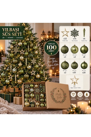 100 Parça Yılbaşı Ağaç Süsleme Seti Yeşil Gold Dekoratif Top, Yıldız, Kar Tanesi Ve Sarkıt Süsler 3 CM