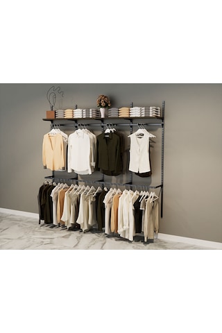 Modern Giyinme Odası Rafı & Dekoratif Duvar Tipi Askılı Raf Sistemi Siyah Siyah